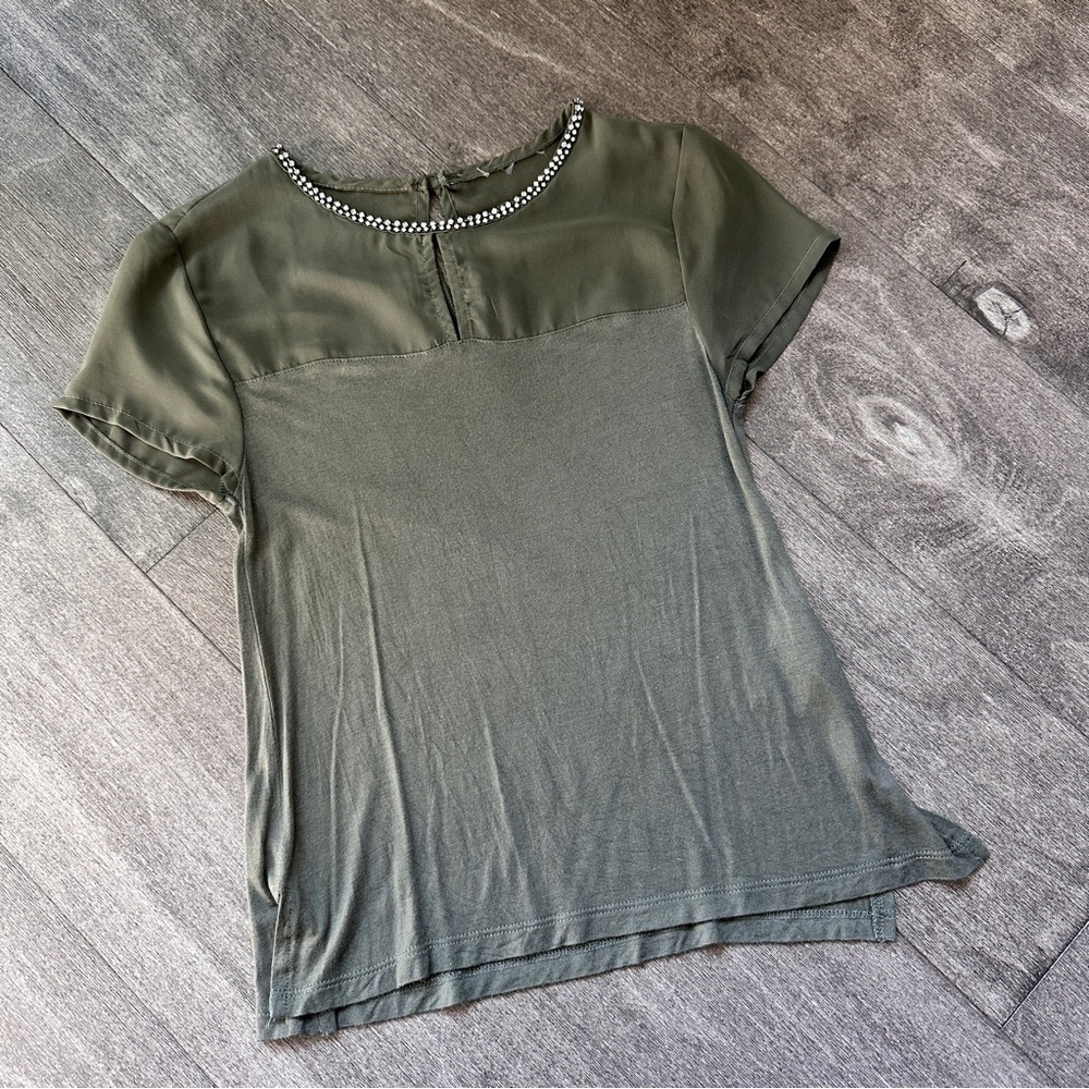 Isabel Mirant Rare Vintage Olive Cotton Mesh Cutout Green Top Rhinestone Neck